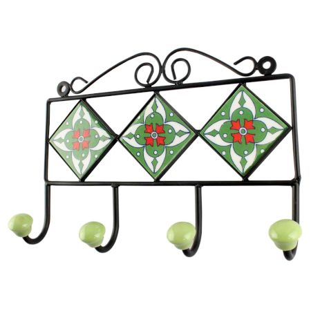 Ceramic Floral Tile Hook in Forest Green